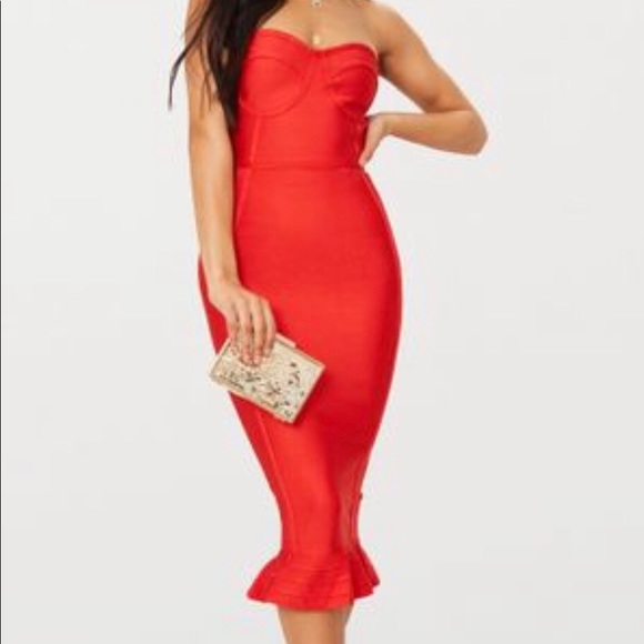 red frill hem bandage midi dress